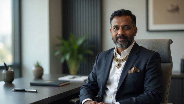 Elegant businessman office confident leader portrait professional executive suit modern corporate workspace stylish gold necklace detail calm serious expressionprofessional portrait office concept