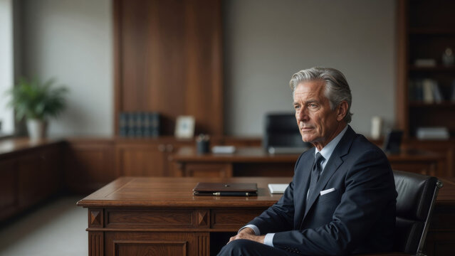 Elegant senior businessman corporate office professional portrait mature male confident leader executive desk dark suit natural light serious expression modernprofessional portrait office concept