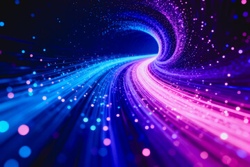 Fototapeta premium A futuristic abstract wormhole tunnel with glowing neon particles, representing digital space and cosmic flow.