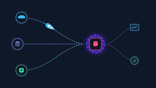 Tech vector motion animation of data flow from cloud and servers to a processor for digital analytics