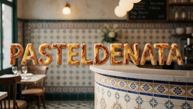 Interior restaurant named pastel denata name written large golden letters spell word cursive font arranged way