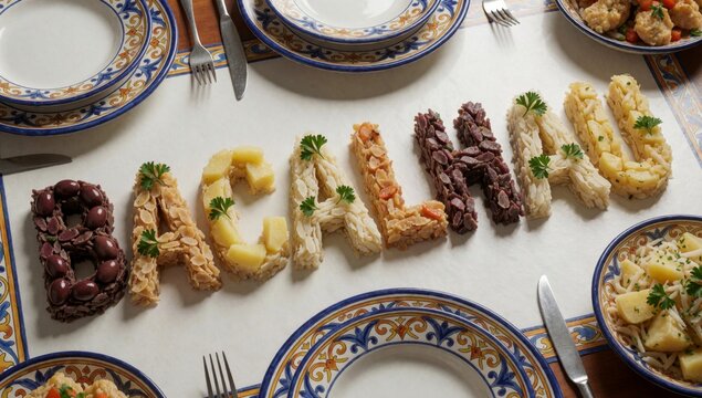 Table white tablecloth blue gold plates there several different types food arranged shape letters made includi