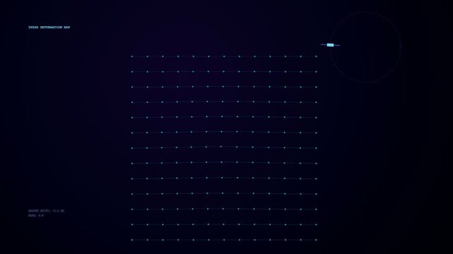 A digital seismic mapping visualization displays a floating glowing grid pattern shifting through three distinct states of light against a dark solid navy blue backdrop