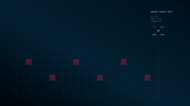 Seismic mapping is displayed on a digital interface as a small drone symbol moves across a dark grid while recording terrain patterns in dark blue