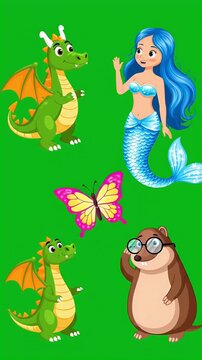 Cute cartoon dragon mermaid butterfly and groundhog characters waving on green background motion graphic