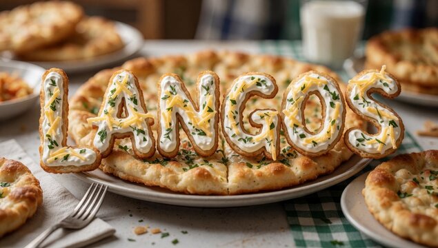 Large pizza word langos spelled capital letters top white plate green checkered tablecloth there several small