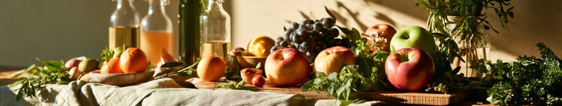 Late summer still life of apples, grapes, apricots and fresh herbs with glass bottles on a rustic sunlit wooden table