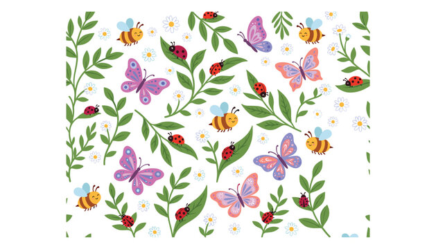 Cute spring insects seamless pattern vector background with kawaii bees butterflies ladybugs and green leaves garden
