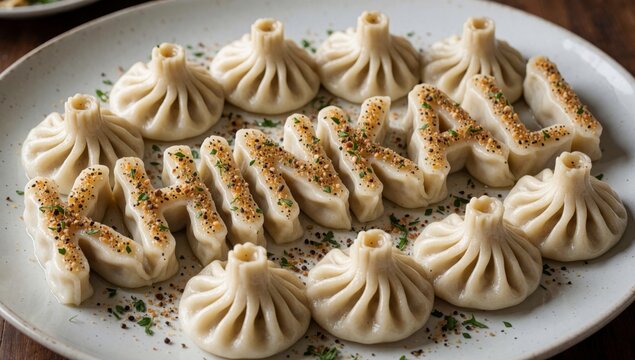 Plate chinese dumplings white round placed wooden table there dumpling total arranged circular pattern each ha