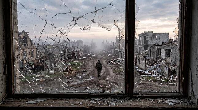 Lone soldier walking through devastated war zone viewed through broken window