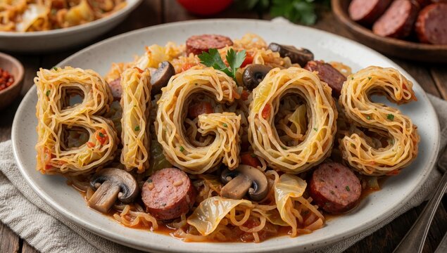 Plate spaghetti sausage mushrooms cooked dente arranged circular pattern cut small cubes placed top sliced sca