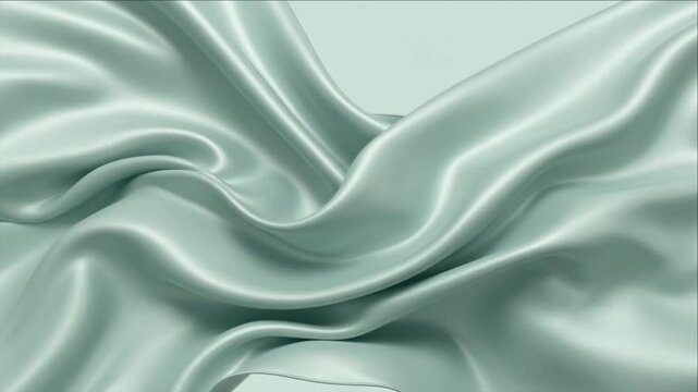 Cinematic macro surface texture background of flowing satin silk fabric cloth textile wave minimal abstract design elegant fold smooth curve gentle drape flow modern artful calm pastel mint scene