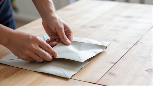 Hands fold paper into envelope on wooden table, gentle and precise.