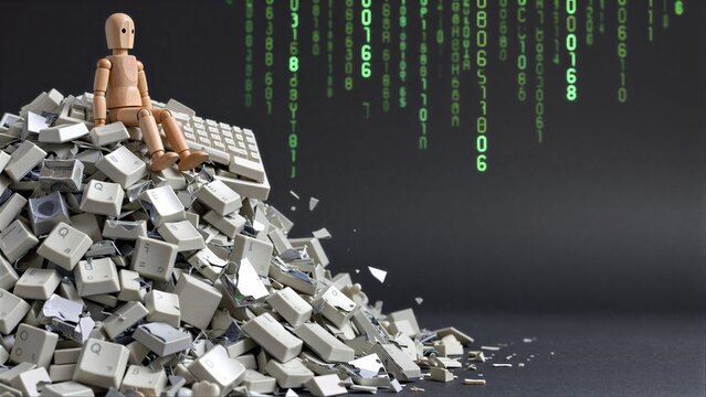 Wooden figure sits atop shattered keyboards, symbolizing digital overload and data chaos.