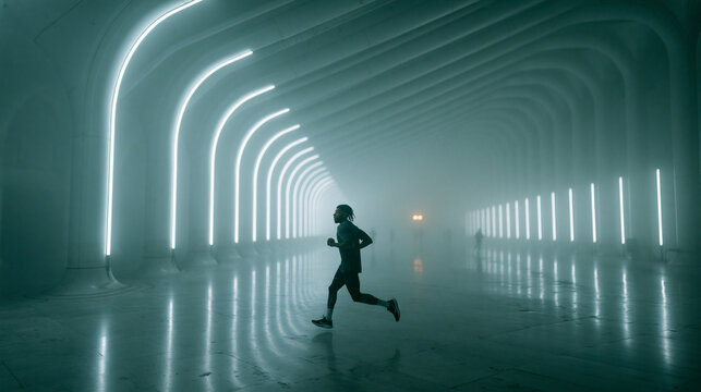 Man Running in Futuristic Neon Light Tunnel
