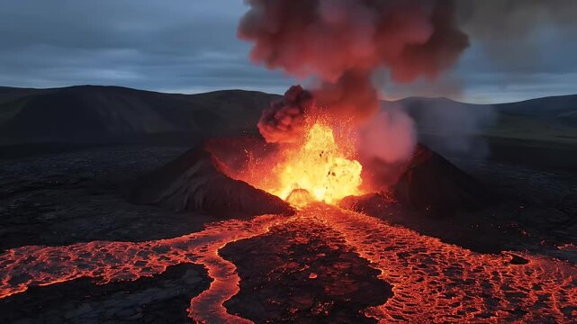 Dramatic volcanic eruption spewing molten lava and ash into the twilight sky, powerful earth forces, natural disaster