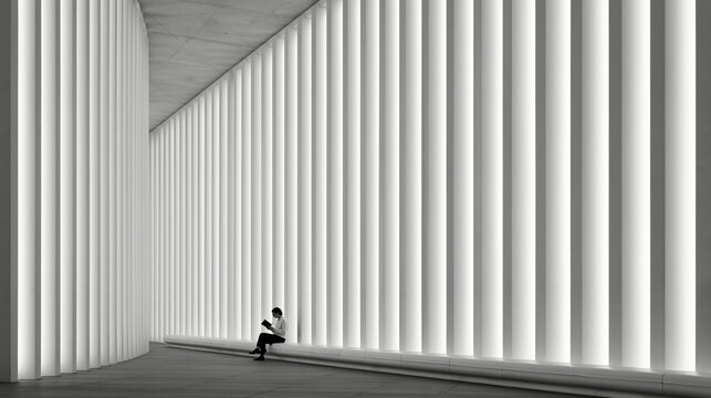 Man Reading in Modern Minimalist Interior Architecture