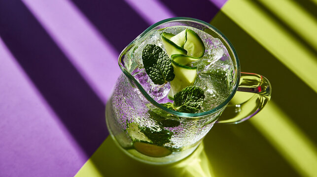 Pitcher of Refreshing Cucumber Mint Water on Colorful Background