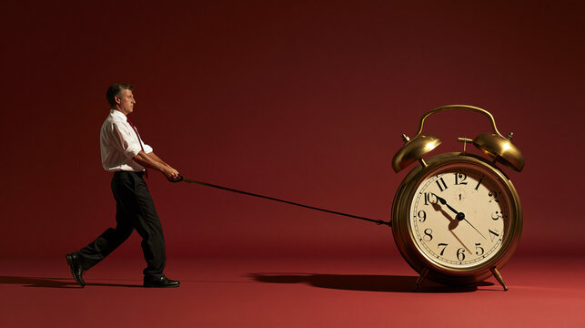 Businessman Pulling Giant Alarm Clock on Red Background