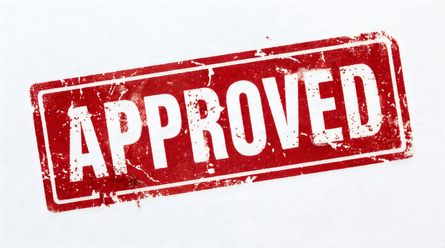 Approved red ink rubber stamp grunge texture on white surface with approved official validation approval