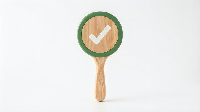 Wooden paddle stamp with checkmark symbol for quality control approval check mark checkmark approval