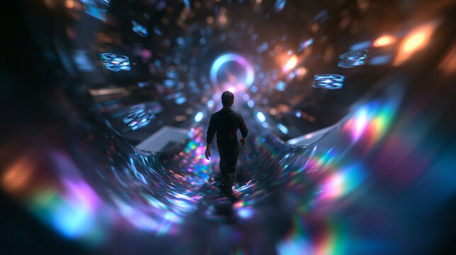 Person Walking Through Futuristic Glowing Digital Tunnel into Cyberspace