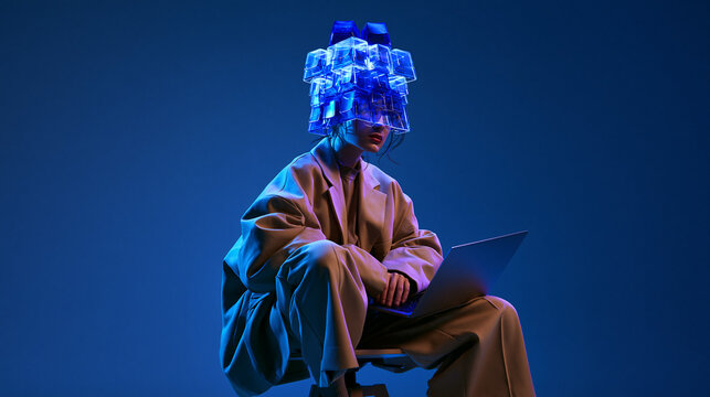 Woman Wearing Futuristic Glowing Headpiece Using Laptop Computer