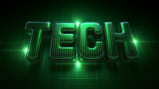 Glowing Green 3D Tech Text on Digital Grid Background