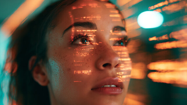 Woman Face with Digital Code Projection for AI Technology