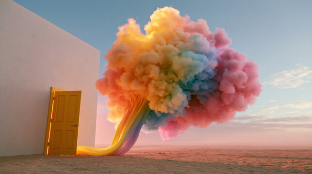 Colorful Rainbow Cloud Pouring From Open Door in Desert