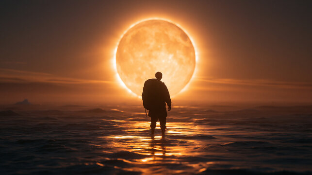 Traveler Silhouette Standing Before Giant Glowing Eclipse over Water
