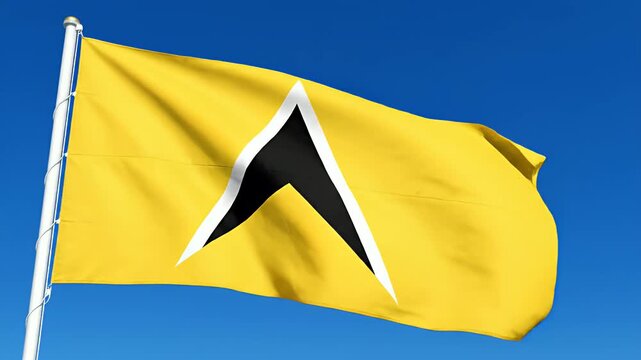 Waving national flag of Saint Lucia, yellow, black, white triangle symbol, blue sky, national symbol