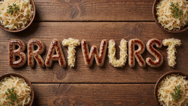 Flat lay word bratwurst spelled capital letters wooden background made small sausages arranged way form alphab