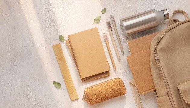 Neutral flat lay of kraft notebooks, bamboo ruler, pens, cork pencil case, metal bottle, beige backpack, and leaves on a light textured background with soft shadows.