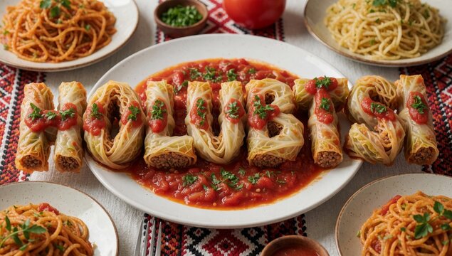 Plate spaghetti rolls meat tomato sauce white placed red patterned tablecloth arranged circular pattern covere