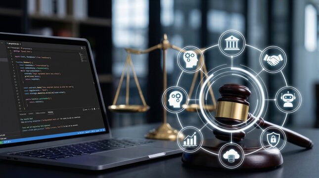Digital Law Concept with Laptop Computer Coding and Gavel in Courtroom Background