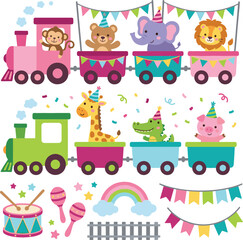Cute cartoon birthday party animal train set with monkey bear elephant lion giraffe crocodile pig wearing hats bunting flag vector illustration collection isolated on white background