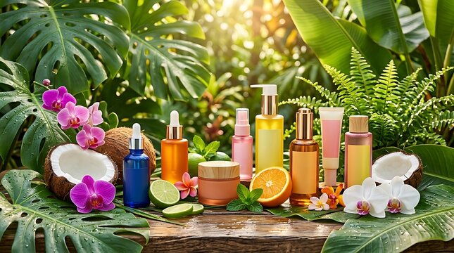Natural organic skincare products with coconut and citrus fruits in a lush tropical garden. colorful skincare setup