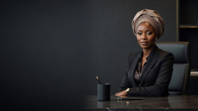 African businesswoman headwrap black suit modern office confident expression executive desk professional portrait leadership corporate entrepreneur poisedprofessional portrait office concept