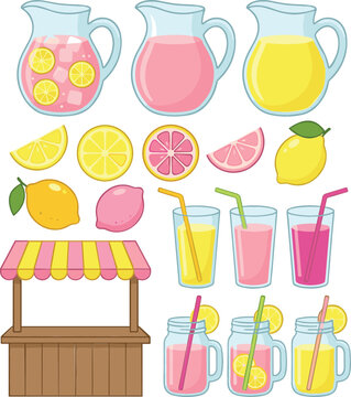 Cute cartoon lemonade stand element set with glass jugs fresh lemons pink grapefruit slices juice cups and mason jars vector illustration collection isolated on white background