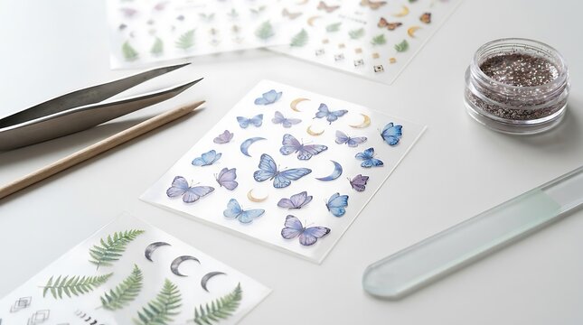 Nail art sticker sheets with butterfly and leaf designs and professional metal tweezers. DIY Nail Decals