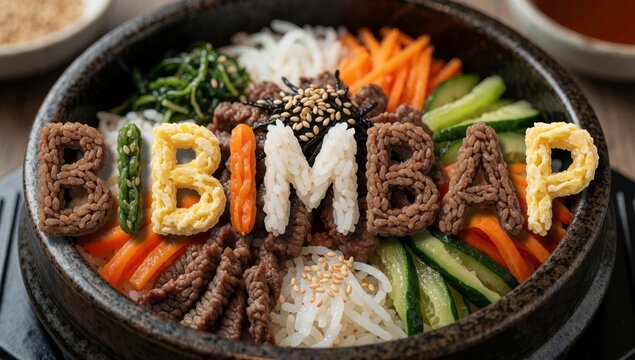Close-up bowl bibimbap japanese dish made rice meat vegetables dark brown ceramic placed wooden table pair cho