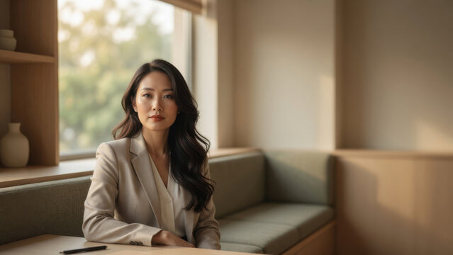 Asian woman business office portrait professional confident leadership success modern elegant Asian woman business suit sits bright modern office boothprofessional portrait office concept