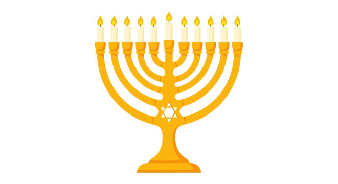 Hanukkah menorah with lit candles and Star of David, golden Jewish candelabra vector illustration, traditional Chanukah holiday symbol on white background