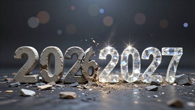 Cracked 2027 digits contrasted with sparkling crystal, symbolizing transition and renewal.