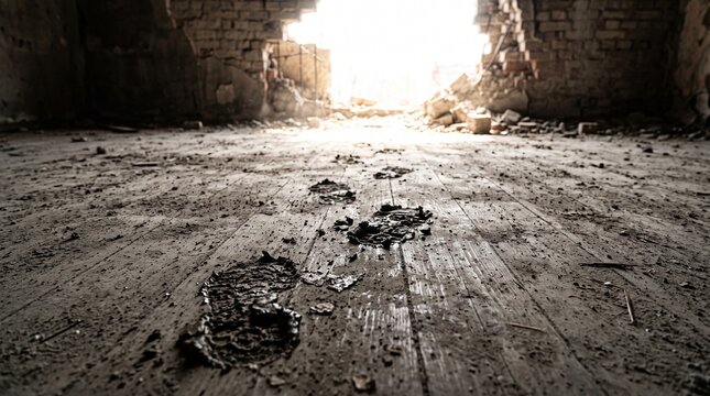 Muddy footprints on a wooden floor inside a ruined abandoned building