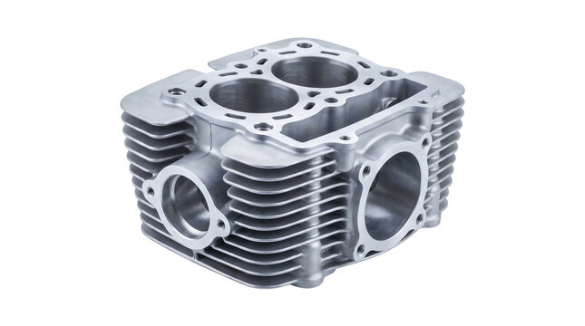 A detailed shot of a motorcycle engine cylinder block, showcasing its intricate design and ribbed cooling fins against a clean white background.