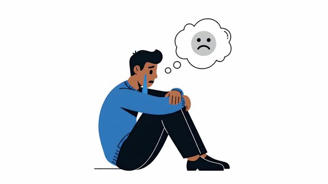 Man sitting alone in distress, thinking sad face in bubble, loneliness, mental health, despair