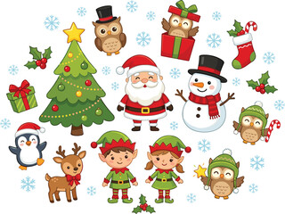 Fototapeta premium Cute Christmas character element set with Santa Claus snowman elves tree reindeer penguin owls snowflakes and holiday gifts cartoon vector illustration isolated on white background