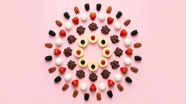 A gourmet selection of flame-low carb sweets arranged in a vibrant circular pattern on a pastel pink background featuring berries nuts and bite-sized snacks